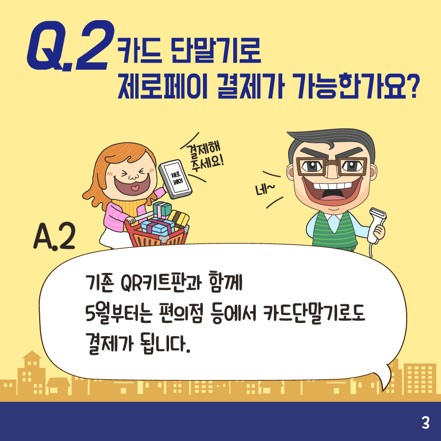 Q2:카드 단말기로 제로페이 결제가 가능한가요? A2:기존 QR키트판과 함께 5월부터는 편의점 등에서 카드단말기로도 결제가 됩니다.