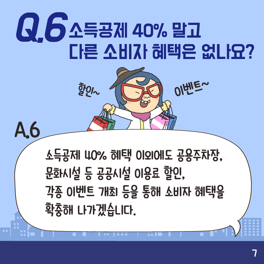 Q6:소득공제 40% 말고 다른 소비자 혜택은 없나요? A6:소득공제 40% 혜택 이외에도 공용주차장, 문화시설 등 공공시설 이용료 할인, 각종 이벤트 개최 등을 통해 소비자 혜택을
확총해 나가겠습니다.